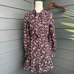 Edit by Nine Floral Shirt Dress Dmall Brown Lavender Ruffle Hem Cottagecore